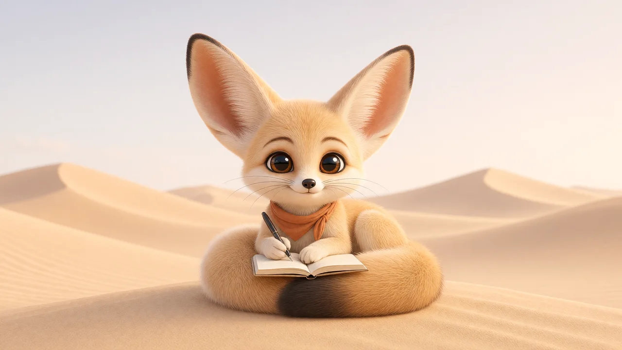 Fen the fennec fox lying on a sand dune with a notebook on his tail
